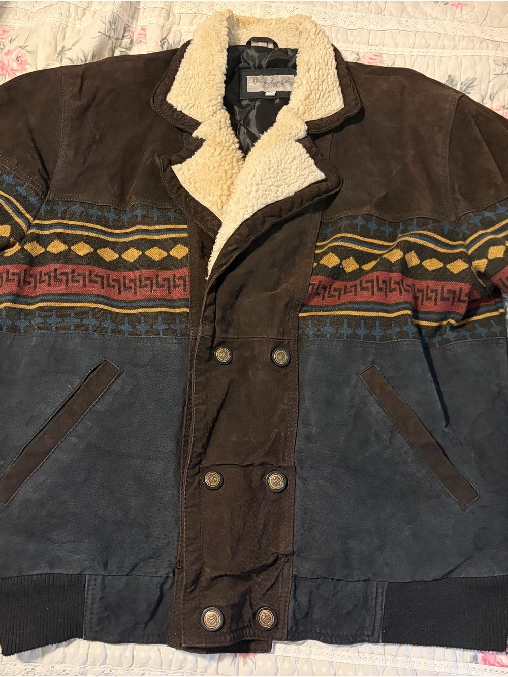 Vintage Brown & Navy Suede Bomber Jacket with Sherpa Collar XL